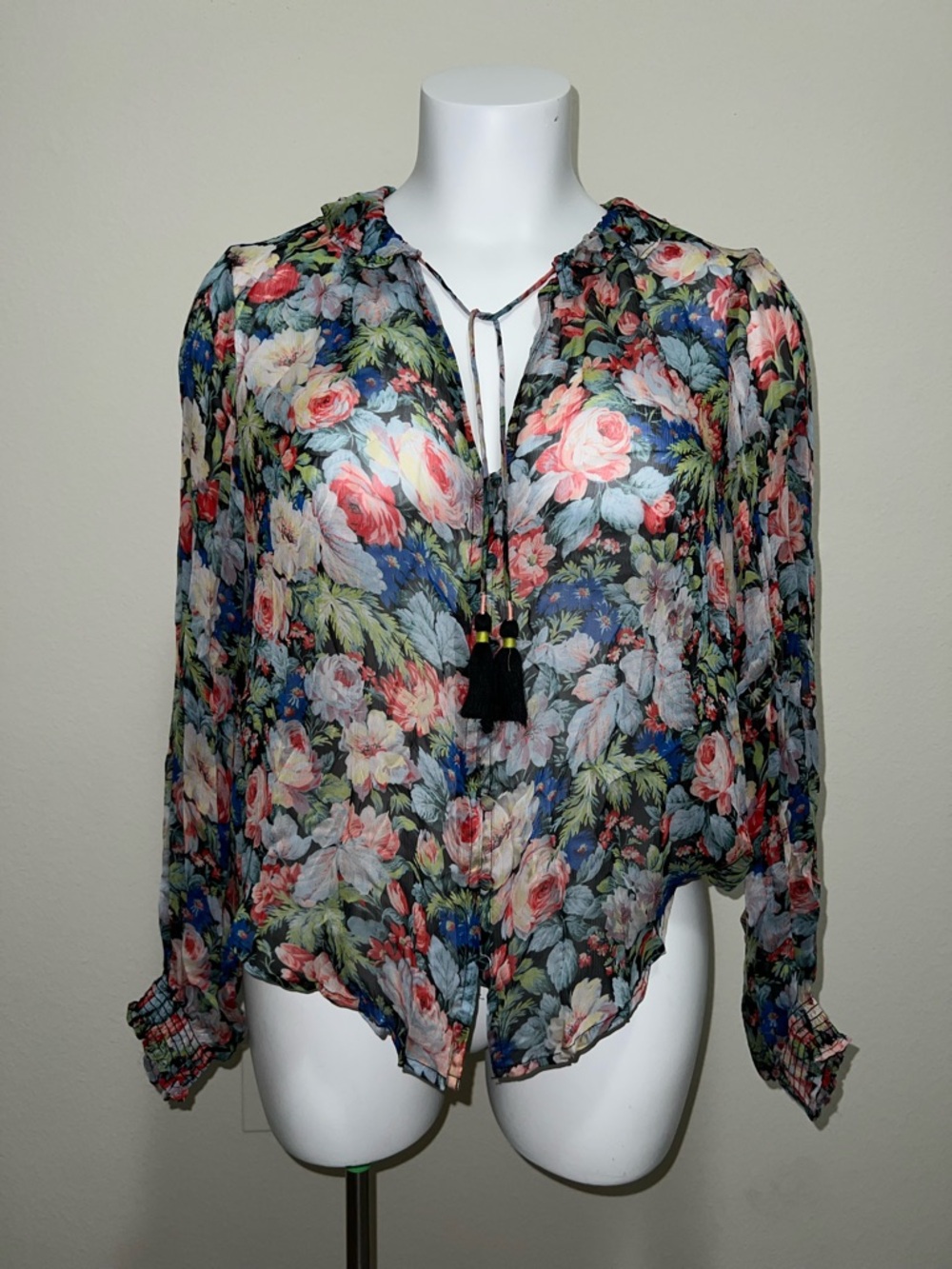 Anthropologie Sheer Floral Tie-Neck Blouse - Black Multi Floral